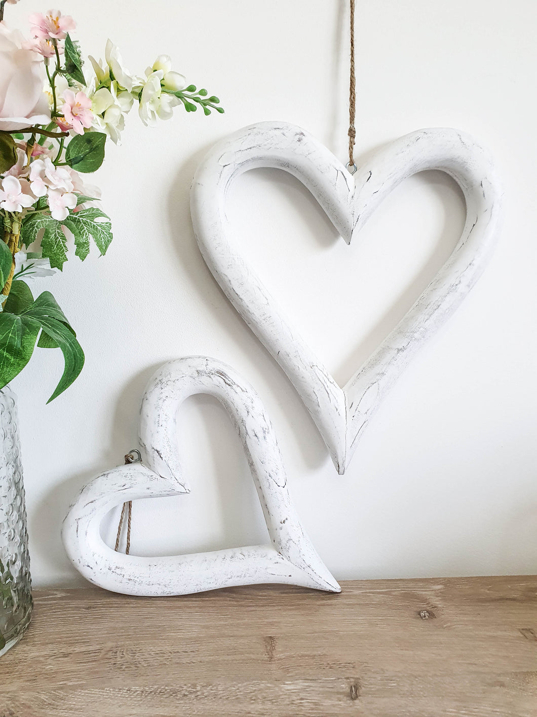 White Natural Wooden Hanging Hearts