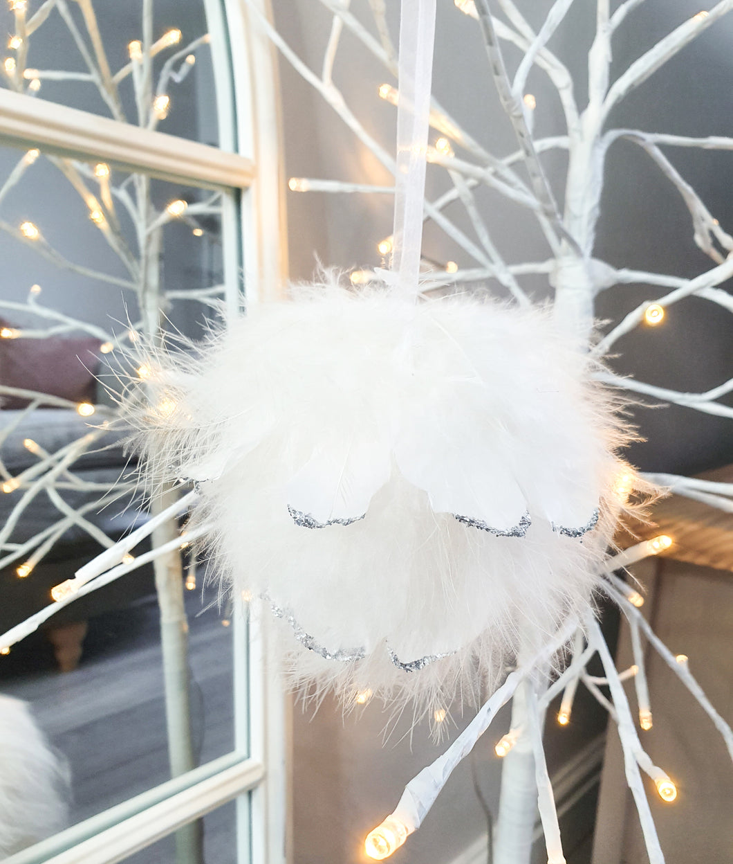 Fluffy Feather Silver Glitter Bauble