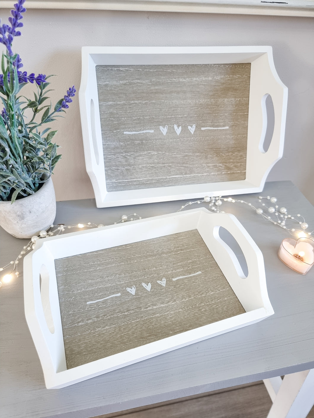 Rustic Triple White Heart Tray Set Of 2