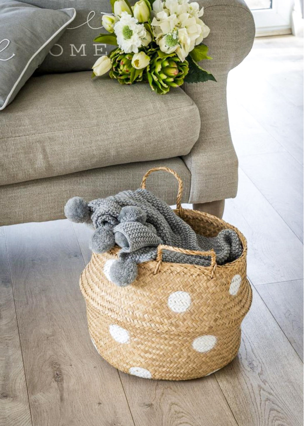 White Polka Dot Seagrass Belly Basket