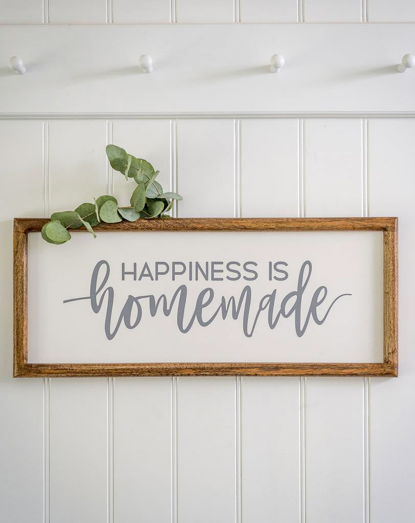 Grey Print Happiness Plaque With Natural Wooden Frame