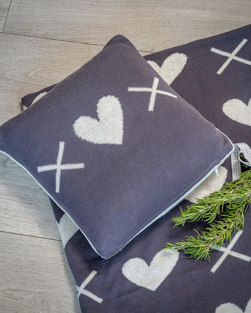 Knitted Grey & Ivory Hearts And Crosses Cushion