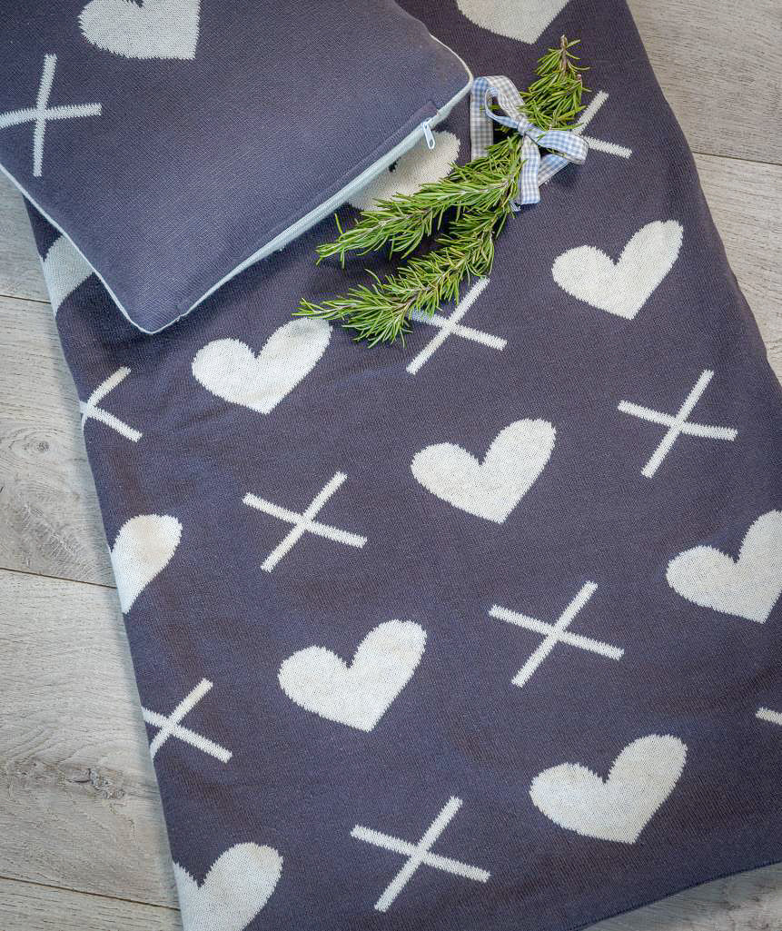 Knitted Grey & White Hearts And Crosses Throw