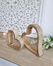 Load image into Gallery viewer, Natural Mango Wood Sleeping Hearts With Gold Glitter Edge
