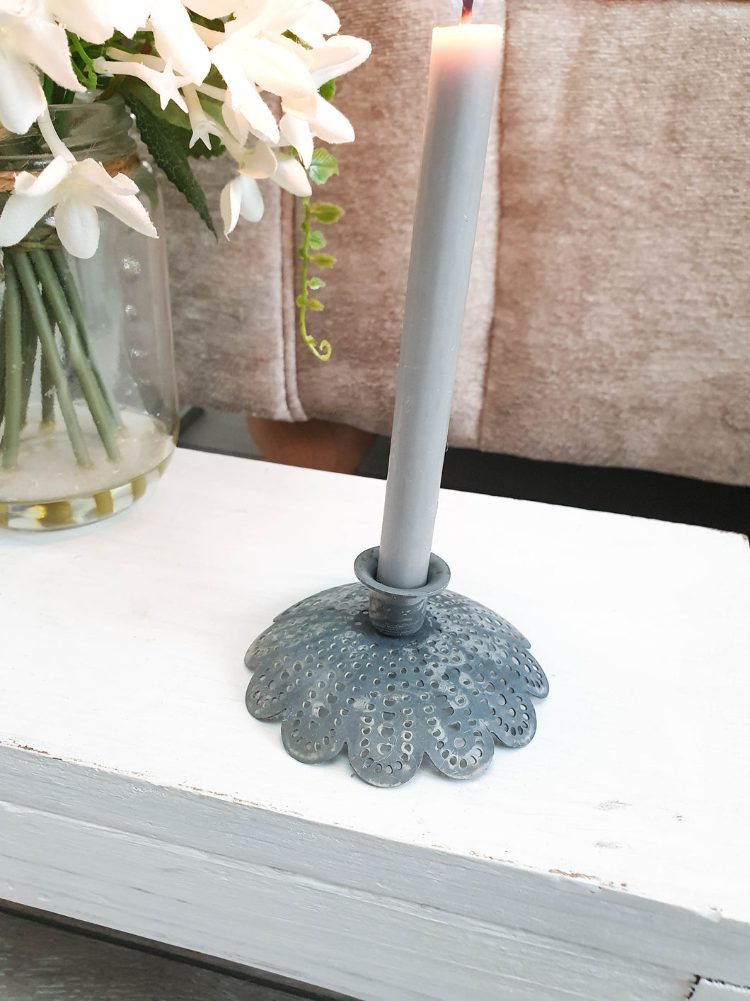 Grey Iron Flower Shaped Mini Tapered Candle Holder