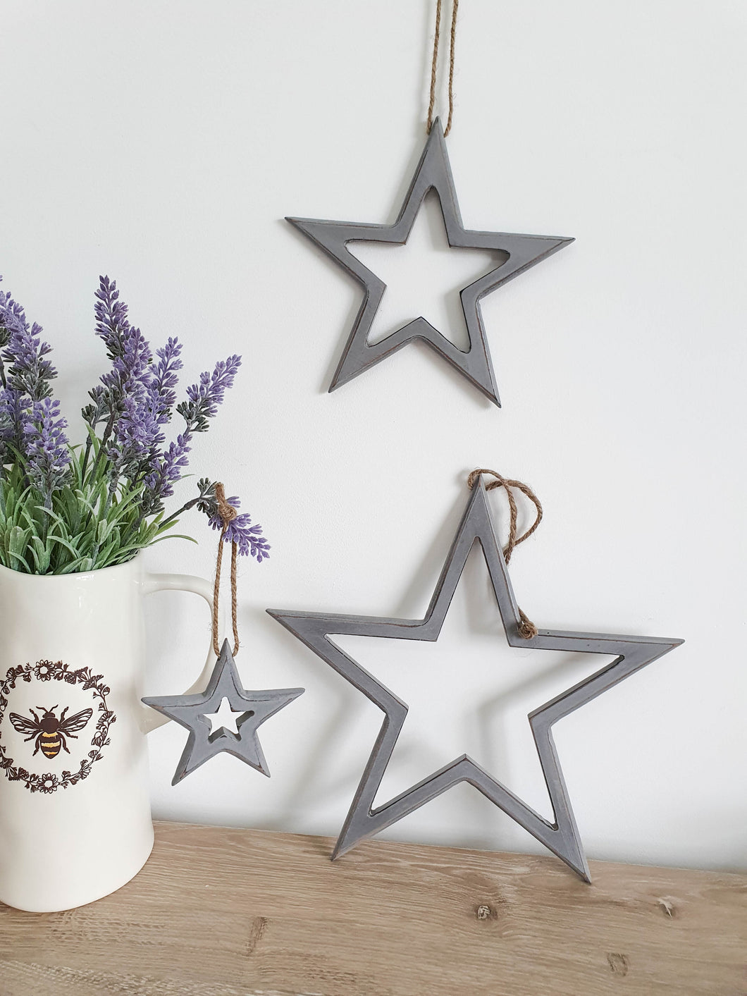 Grey Natural Wood Cut Out Hanging Stars