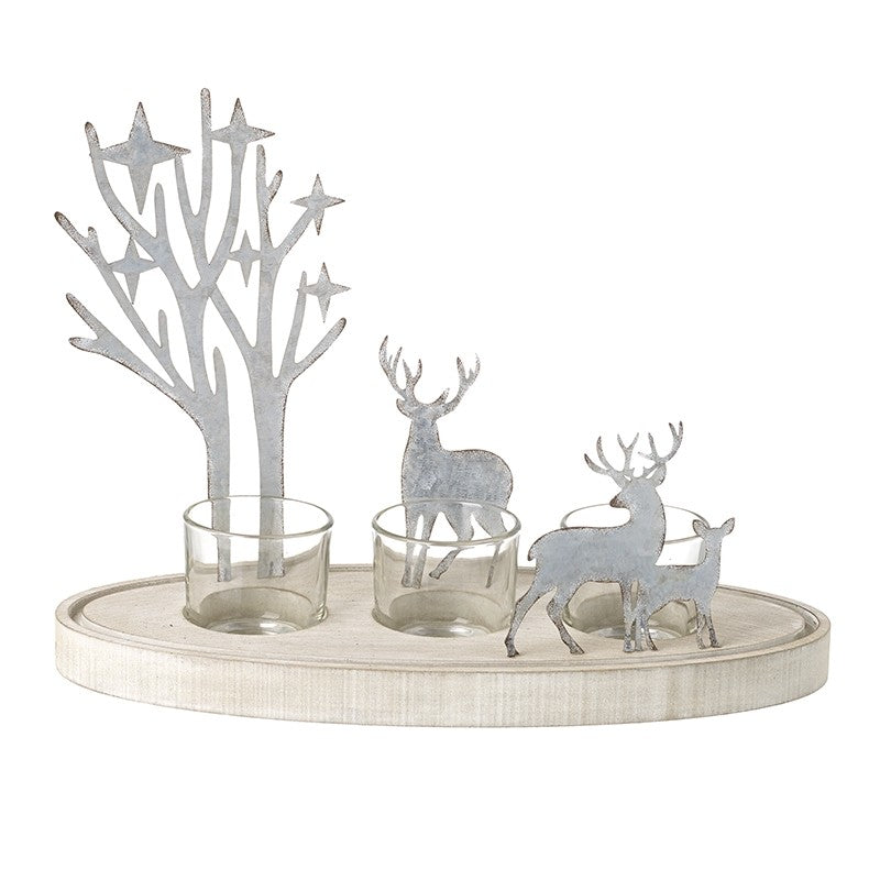 Light Wood Deer Scene Triple Candle Holder