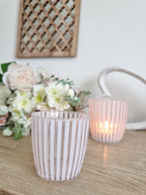 Load image into Gallery viewer, Frosted Pink &amp; White Striped Glass Candle Holder
