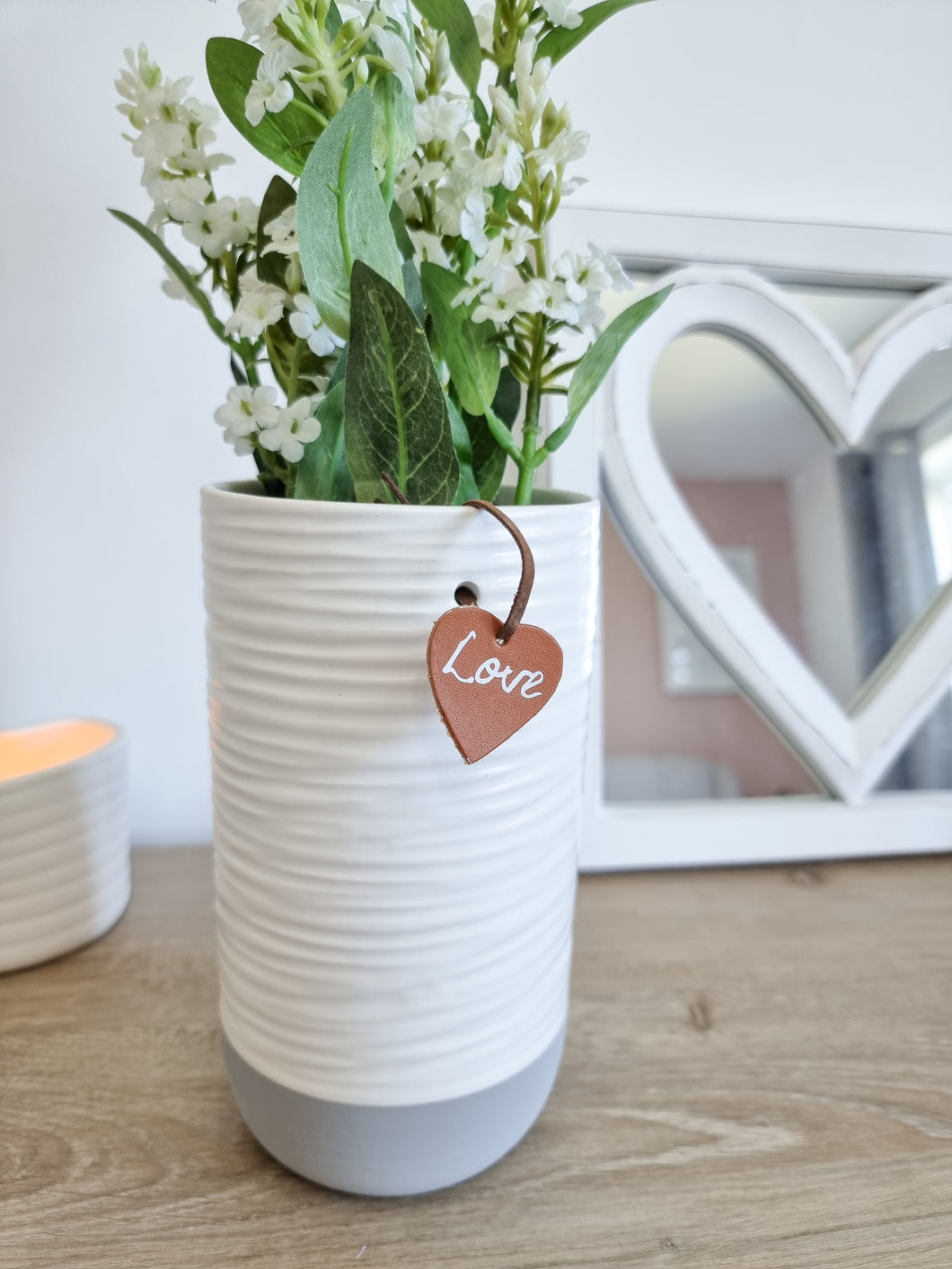 White & Grey Ribbed Vase With Love Tag