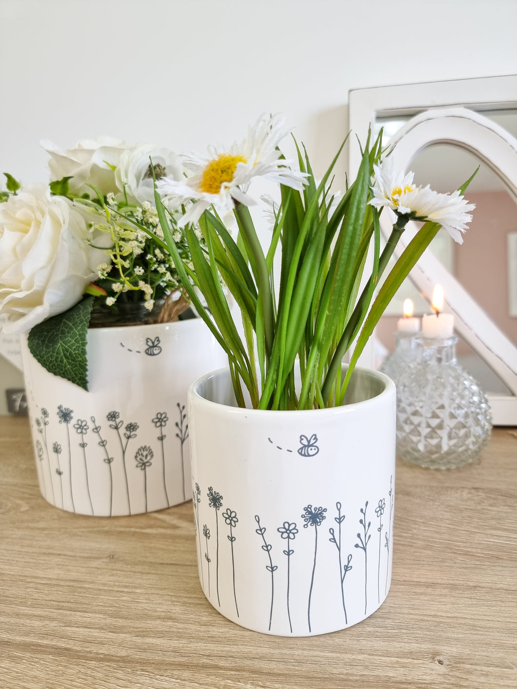 White & Grey Floral Round Planter With Bees