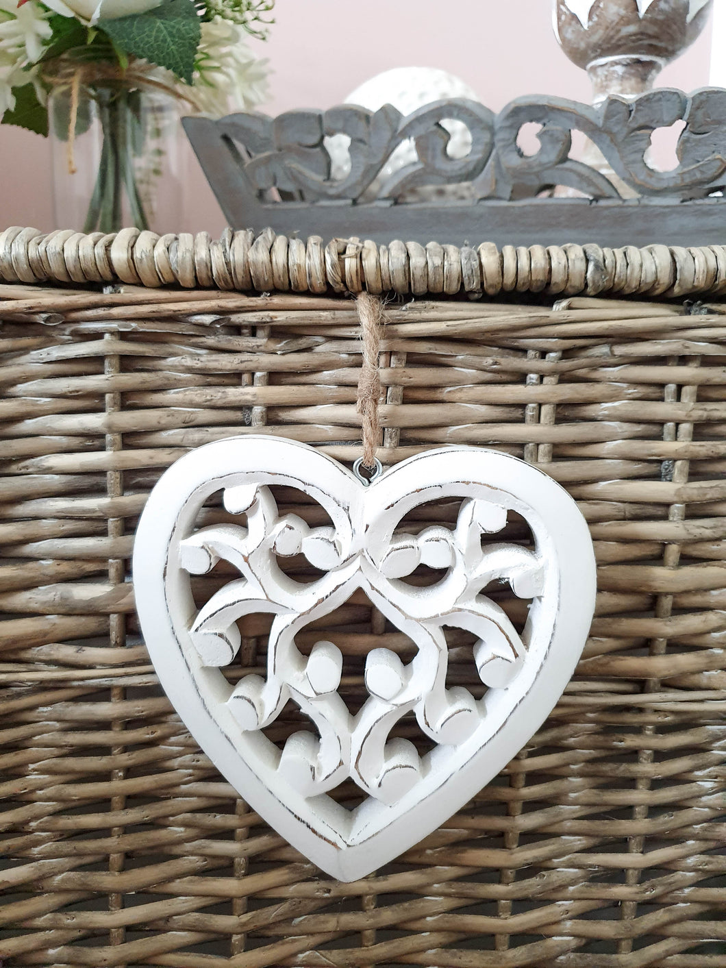 White Natural Filigree Hanging Heart