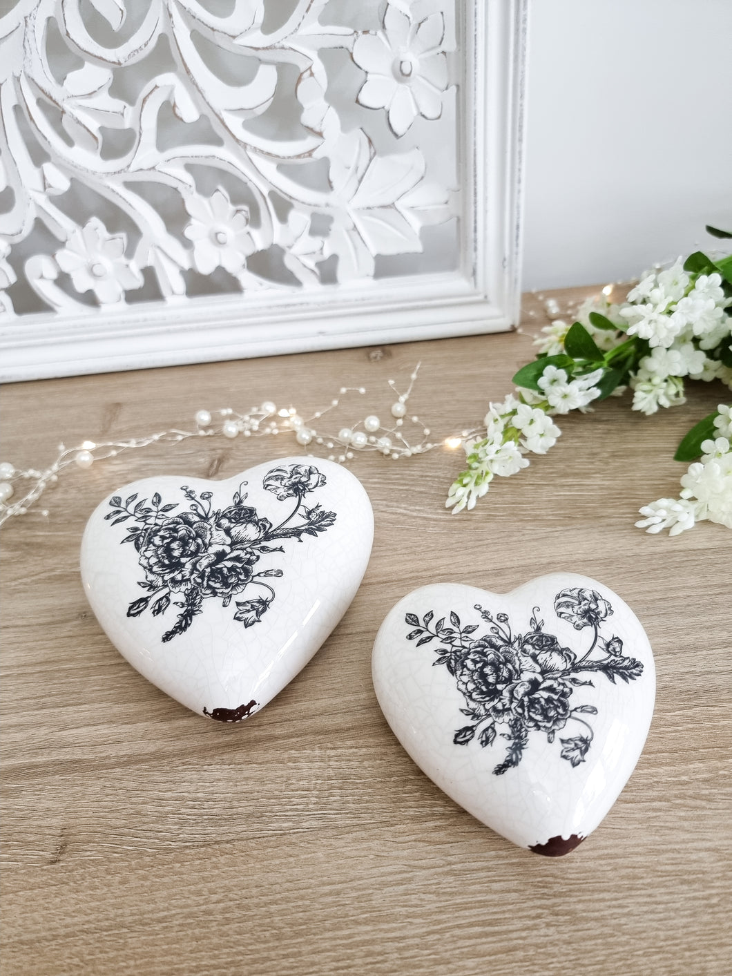 White & Black Vintage Style Floral Flat Lay Hearts