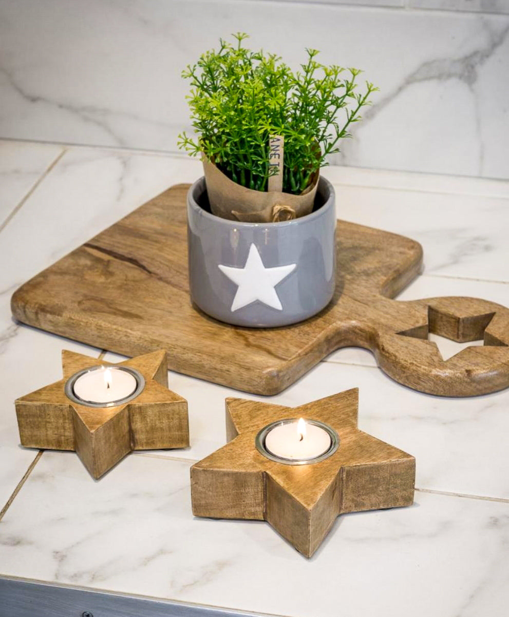 Natural Wooden Star Shaped Candle Holder